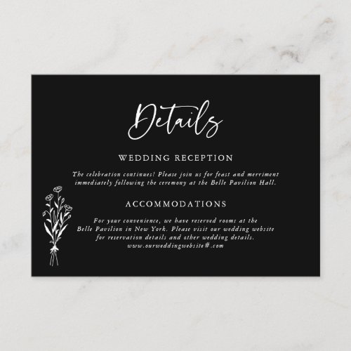 Minimalist Floral Bouquet Black Wedding Details Enclosure Card