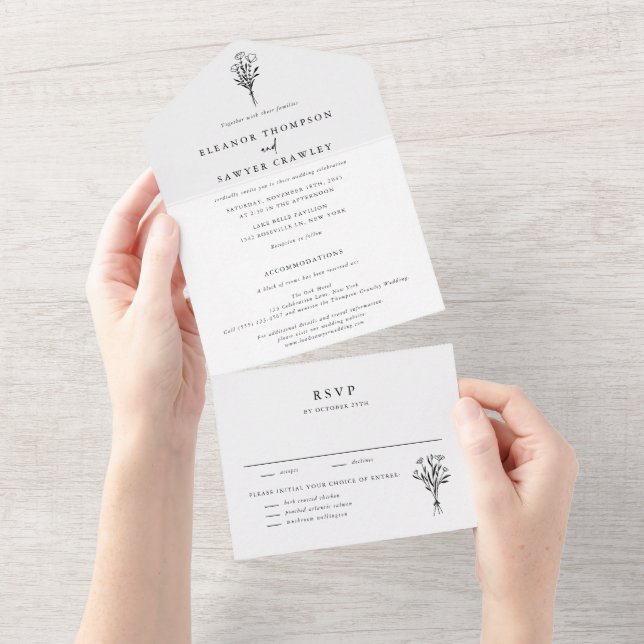 Minimalist Floral Bouquet Line Art Wedding All In One Invitation (Tearaway)