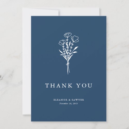 Minimalist Floral Bouquet Navy Blue Wedding Thank You Card