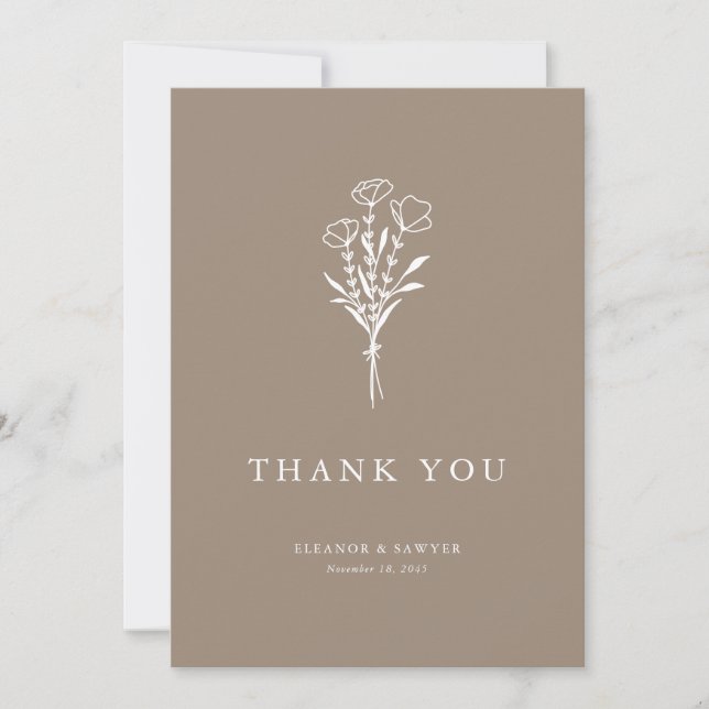 Minimalist Floral Bouquet Taupe Wedding Thank You Card (Front)