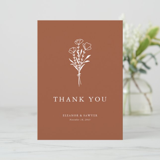 Minimalist Floral Bouquet Terracotta Wedding Thank You Card (Standing Front)