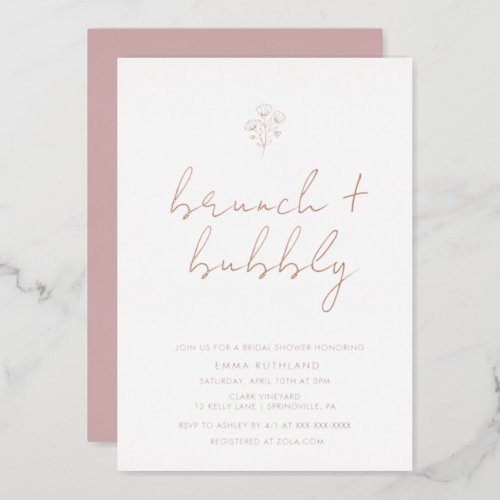 Minimalist Floral Brunch  Bubbly Rose Gold  Foil Invitation