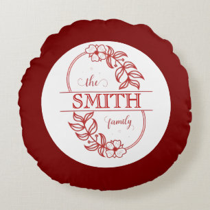 Minimalist Floral Burgundy Custom Family Typograph Round Pillow