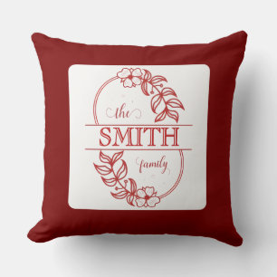 Minimalist Floral Burgundy Custom Family Typograph Throw Pillow
