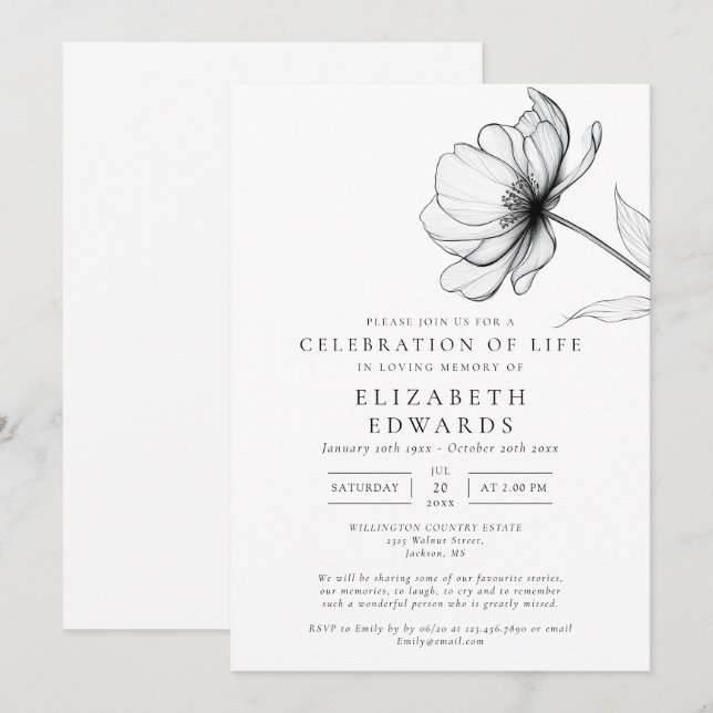 Minimalist Floral Celebration Of Life Funeral Invitation (Front/Back)