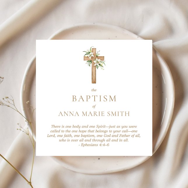 Minimalist Floral Cross Baptism Bible Verse Napkins (Personalized Baptism Napkins Floral Cross Bible Verse)