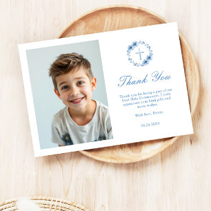 Minimalist Floral Cross First Communion Photo Thank You Card