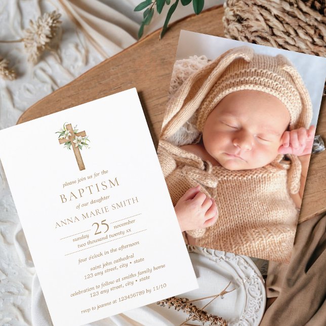 Minimalist Floral Cross Modern Baptism Photo Invitation (Baptism Modern Minimalist Cross Invitation with Photo | Girl, Boy, Neutral, Floral)