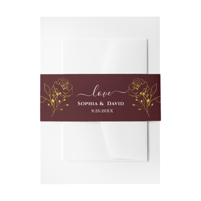 Minimalist Floral Deep Burgundy Monogram Wedding Invitation Belly Band (Front Example)