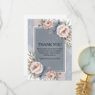 minimalist floral dusty blue wedding thank you card