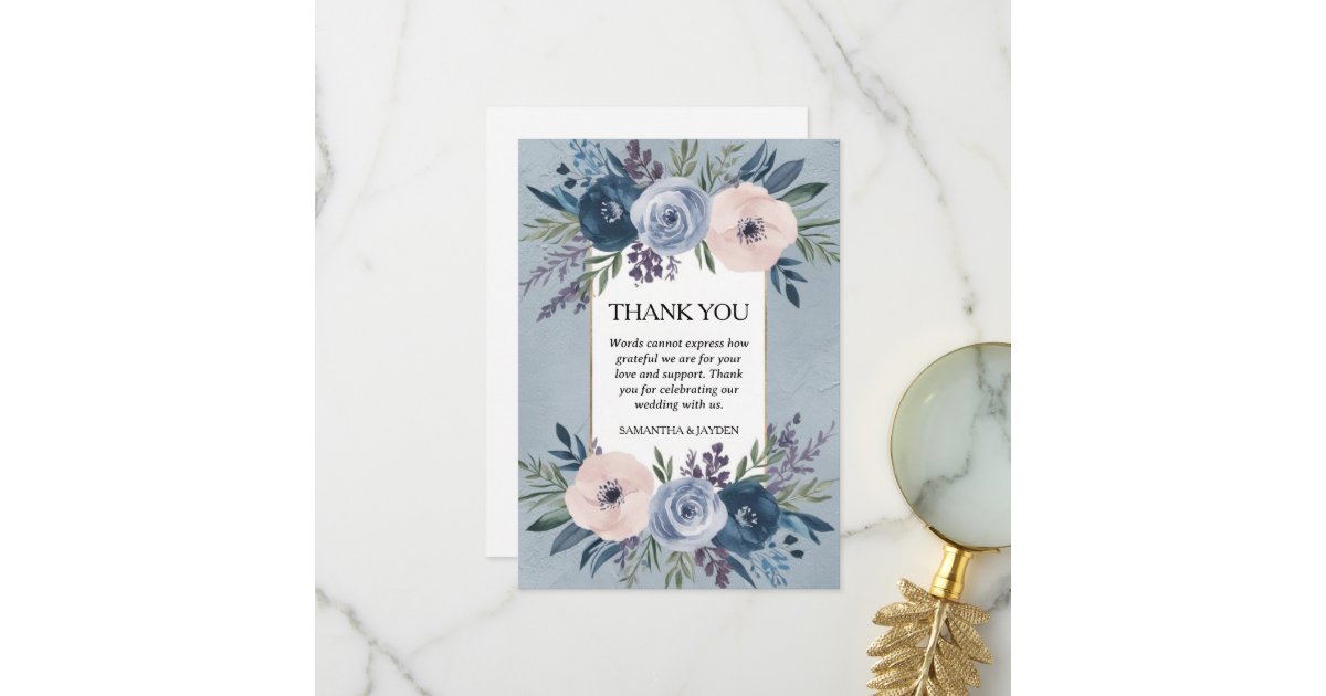 minimalist floral dusty blue wedding thank you card | Zazzle