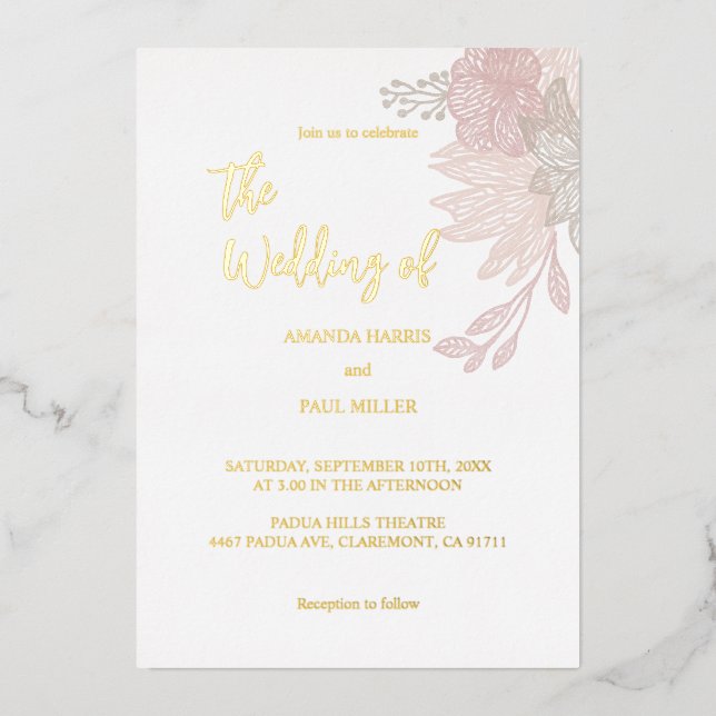 Minimalist Floral Foil Wedding Invitation Foil Invitation (Front)