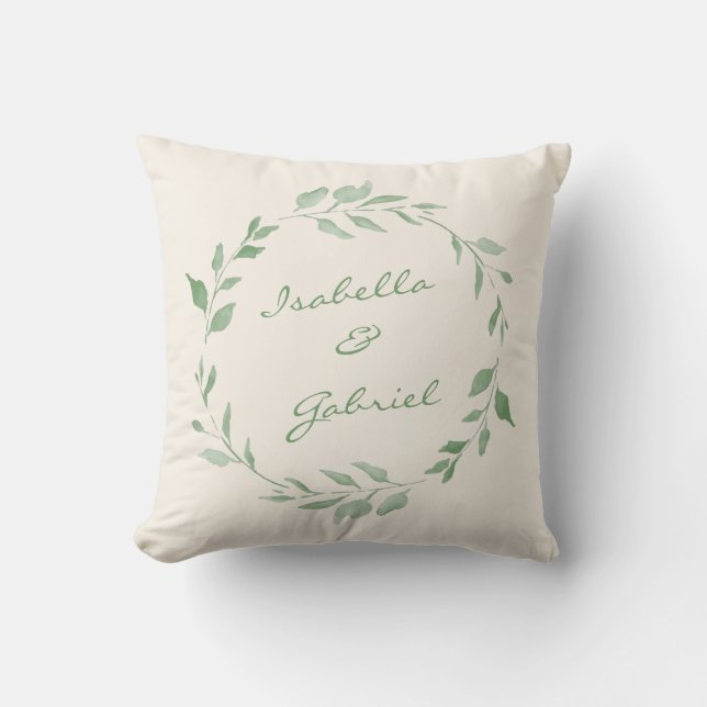 Minimalist Floral Greenery Wreath Personalized Throw Pillow (Front)