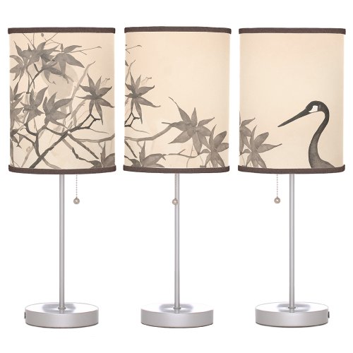 Minimalist Floral Japanese Crane Asian Bird Beige Table Lamp