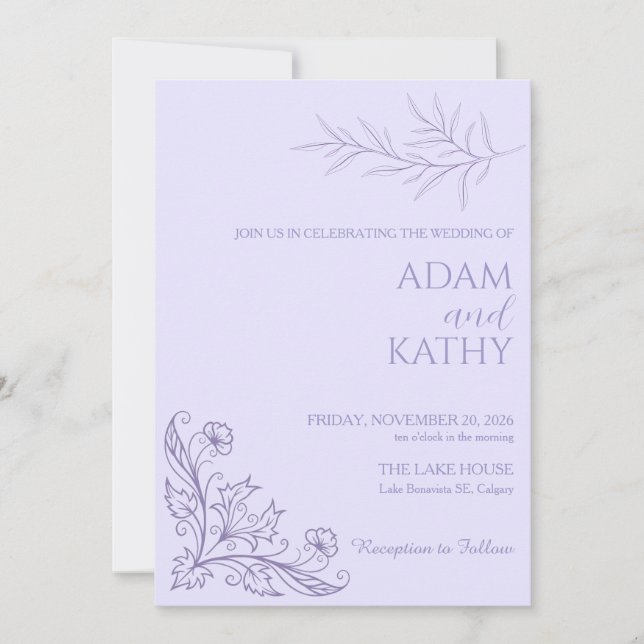 Minimalist Floral Lavender Wedding Invitation (Front)
