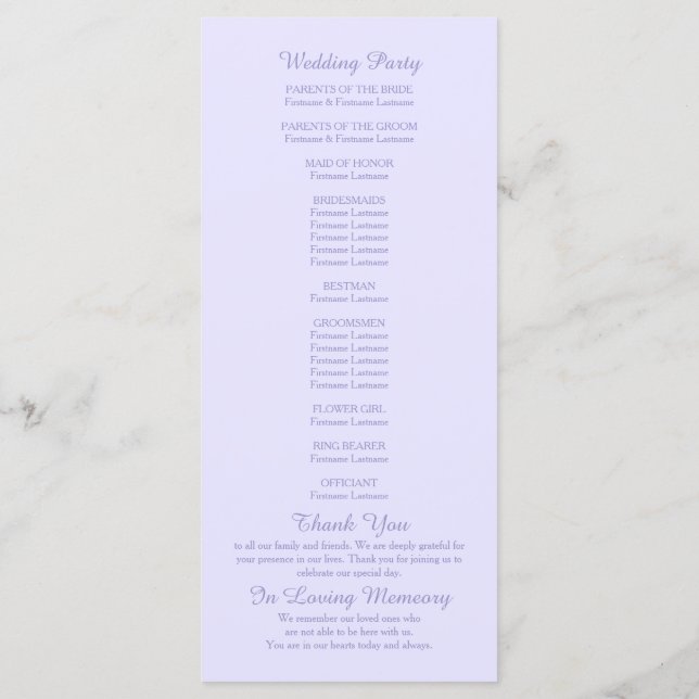 Minimalist Floral Lavender Wedding Program (Back)