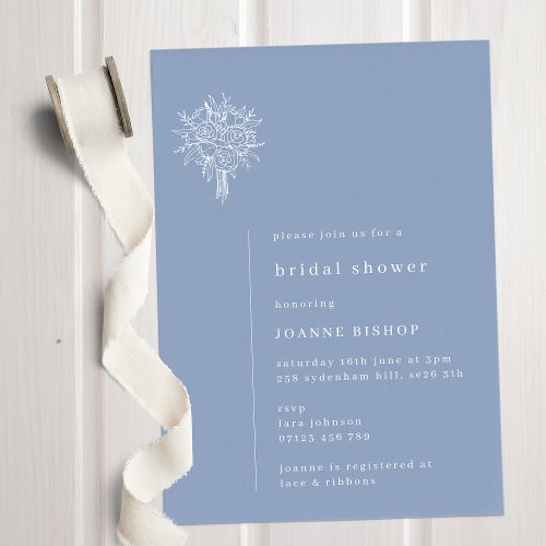 Minimalist Floral Line Art Blue Bridal Shower Invitation