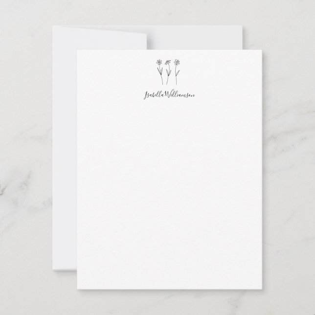 Minimalist Floral Line Art Personalized Name Note Card (Front)