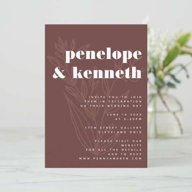 Minimalist Floral Line Art Warm Rustic Wedding Invitation (Standing Front)