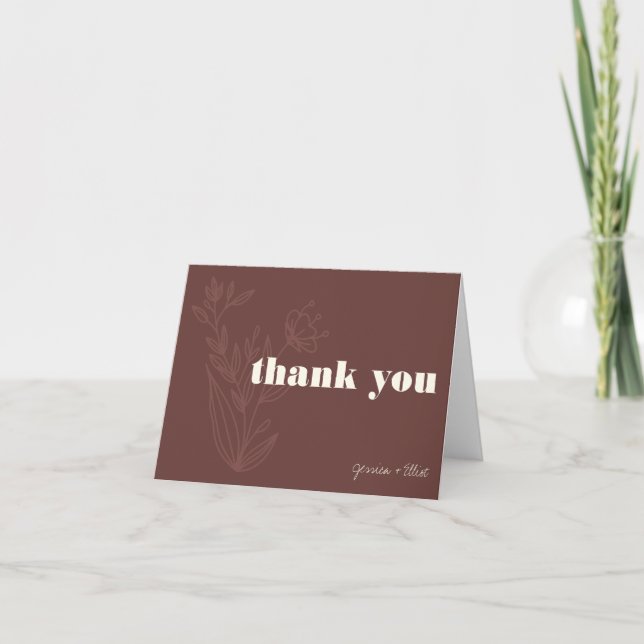 Minimalist Floral Line Art Warm Rustic Wedding  Thank You Card (Front)