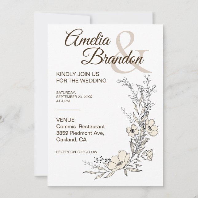 Minimalist Floral Line Art Wedding Invitation (Front)