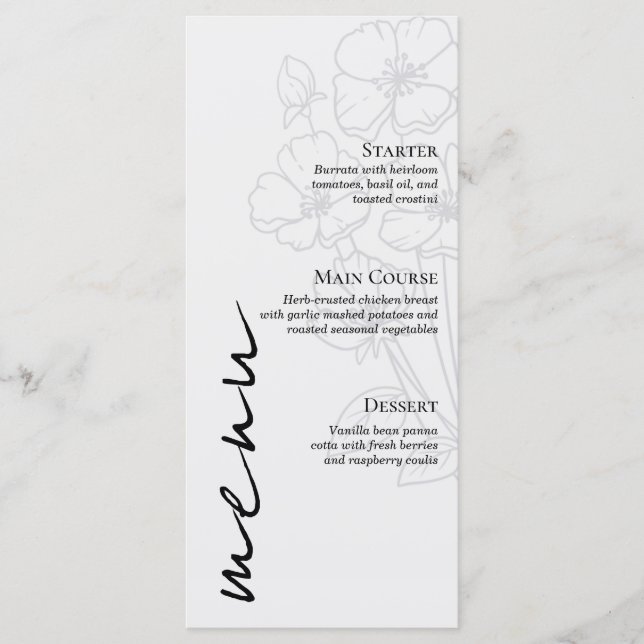 Minimalist Floral Line Art Wedding Menu Card (Front)