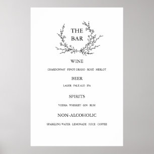Minimalist Floral Line Art Wedding Open Bar Menu Poster