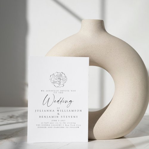 Minimalist Floral Line Art White Script Wedding Invitation
