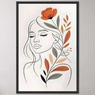 Minimalist Floral Line Art Woman Wall Painting  Framed Art