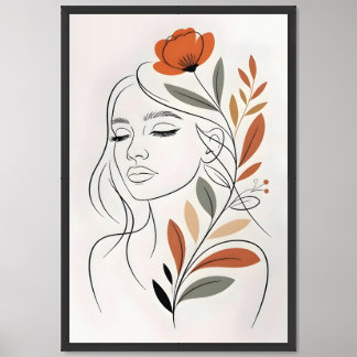 Minimalist Floral Line Art Woman Wall Painting  Framed Art