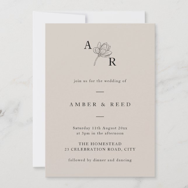 Minimalist Floral Monogram Elegant Simple Neutral  Invitation (Front)
