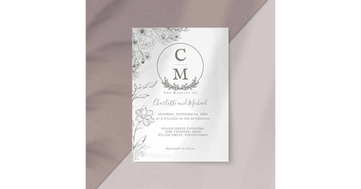 Minimalist Floral Monogram Wedding Invitation | Zazzle