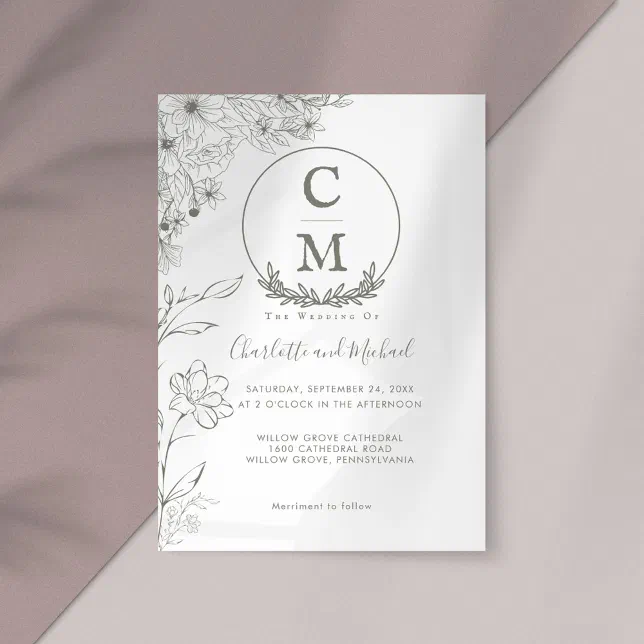 Minimalist Floral Monogram Wedding Invitation | Zazzle