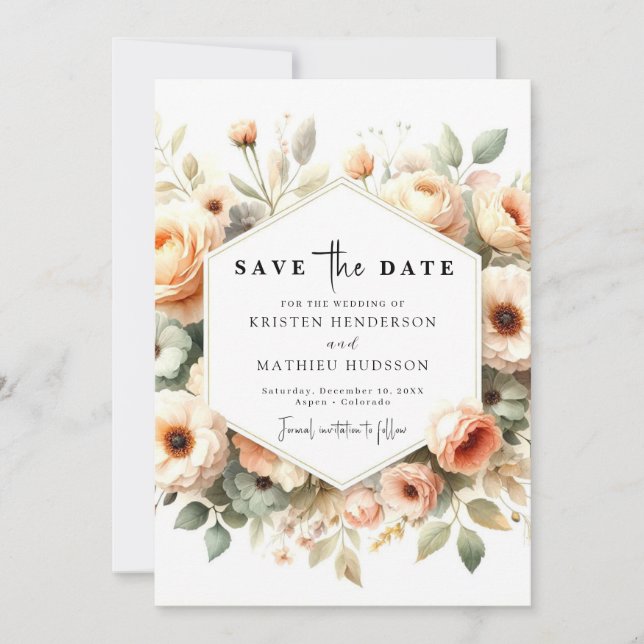 Minimalist Floral Peach Wedding Save The Date (Front)