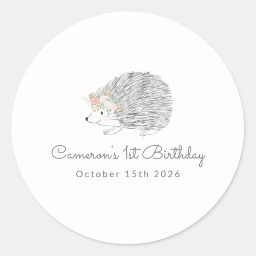 Minimalist Floral Porcupine Cute 1st Birthday Classic Round Sticker
