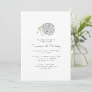 Minimalist Floral Porcupine Cute 1st Birthday Invitation