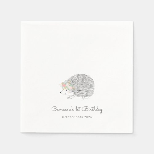 Minimalist Floral Porcupine Cute 1st Birthday  Napkins