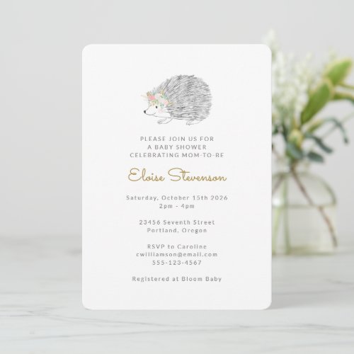 Minimalist Floral Porcupine Cute Baby Shower  Invitation