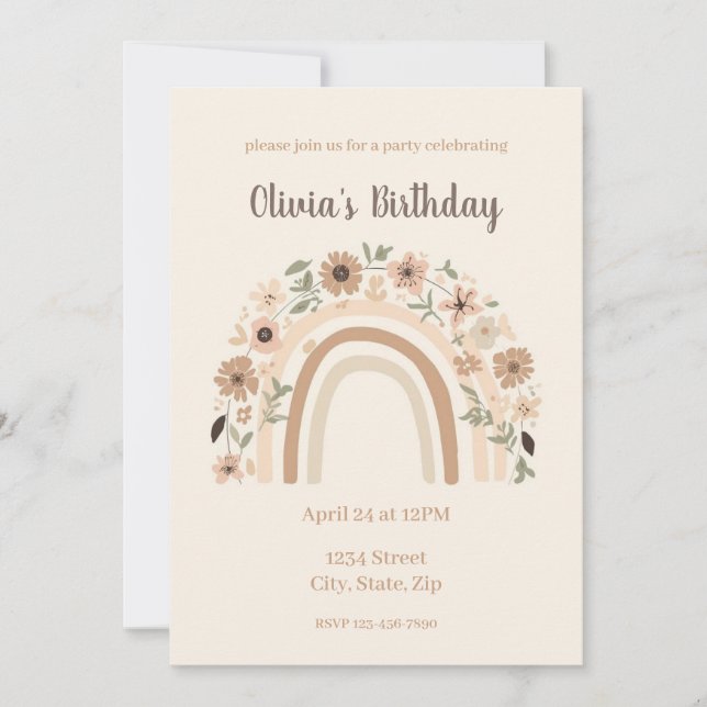 Minimalist Floral Rainbow Arch Birthday Party Invitation (Front)