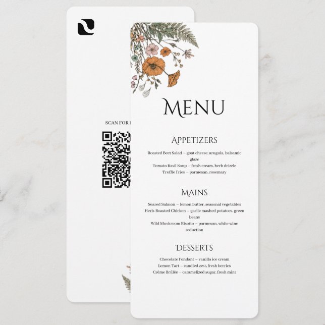 Minimalist Floral Restaurant Or Wedding Menu (Front/Back)