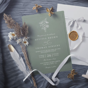 Minimalist Floral Sage Green Chic QR Code Wedding Invitation