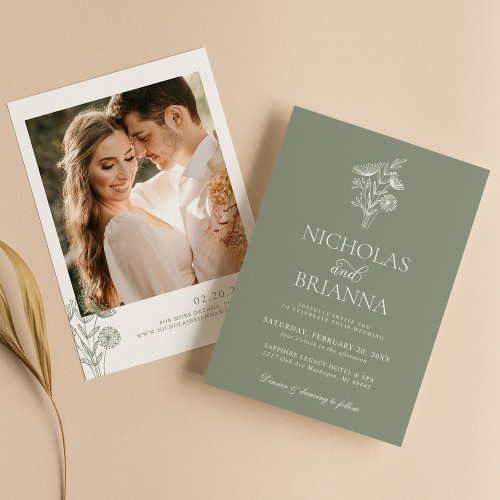 Minimalist Floral Sage Green Modern Wedding Photo Invitation