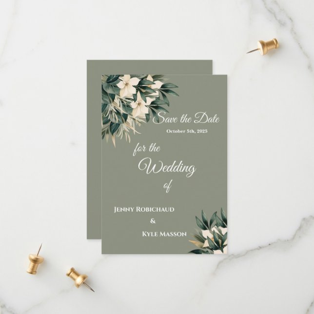 Minimalist Floral Sage Green Save The Date (Front/Back In Situ)