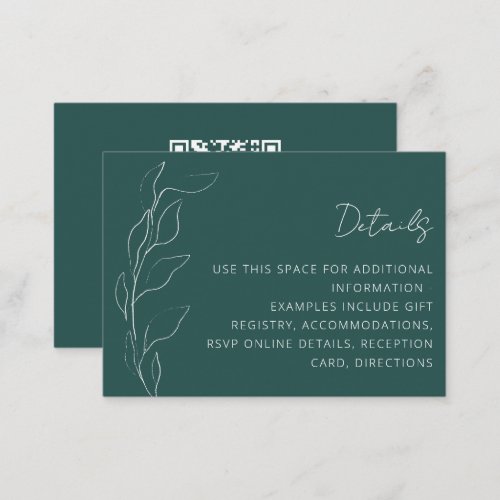 Minimalist Floral Teal Wedding Custom QR Code Enclosure Card