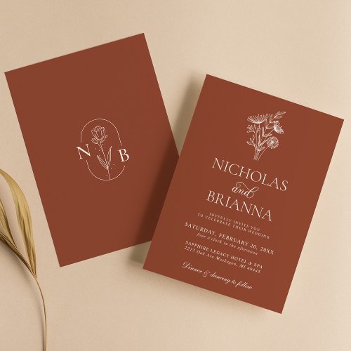 Minimalist Floral Terracotta Burnt Orange Wedding Invitation