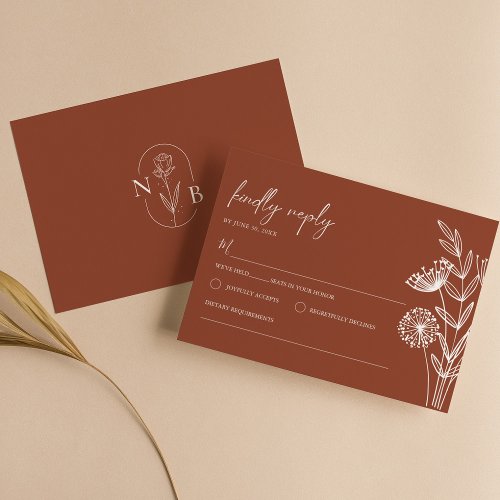 Minimalist Floral Terracotta Burnt Orange Wedding RSVP Card