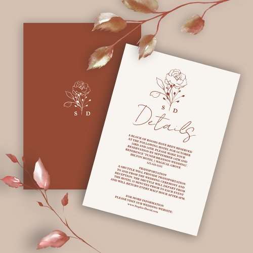 Minimalist Floral Terracotta Monogram Wedding  Enclosure Card