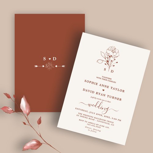 Minimalist Floral Terracotta Monogram Wedding Invitation