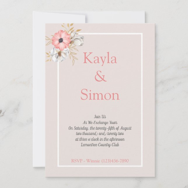 Minimalist Floral Watercolor Linen Wedding  Invitation (Front)