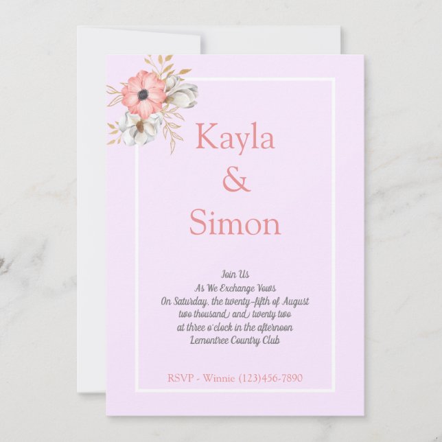 Minimalist Floral Watercolor Purple Wedding  Invitation (Front)
